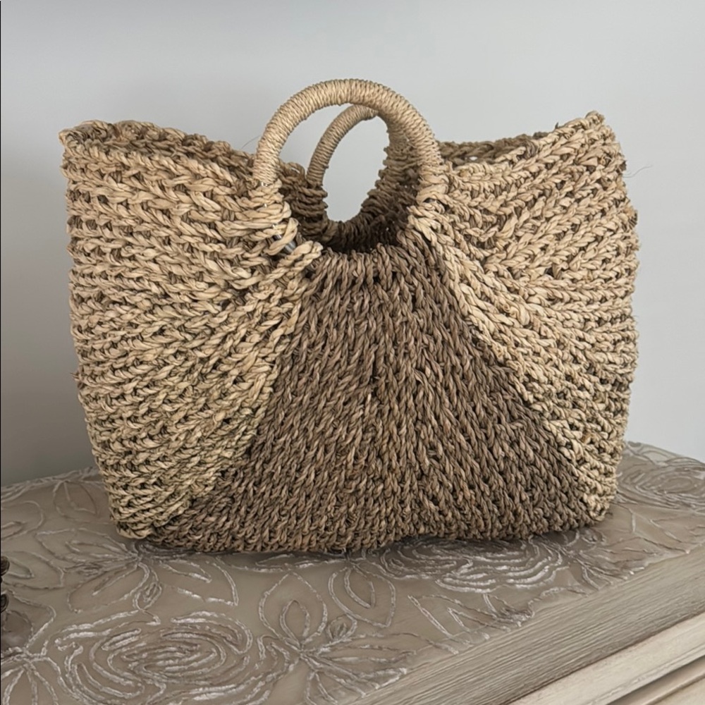 Tan Woven Tote Bag with Round Handles - Picture 1 of 5